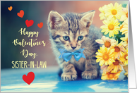 Sister in Law Love Valentine Kitten with Yellow Daisies card