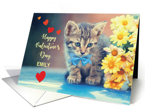 Custom Name Emily Love Valentine Kitten with Yellow Daisies card