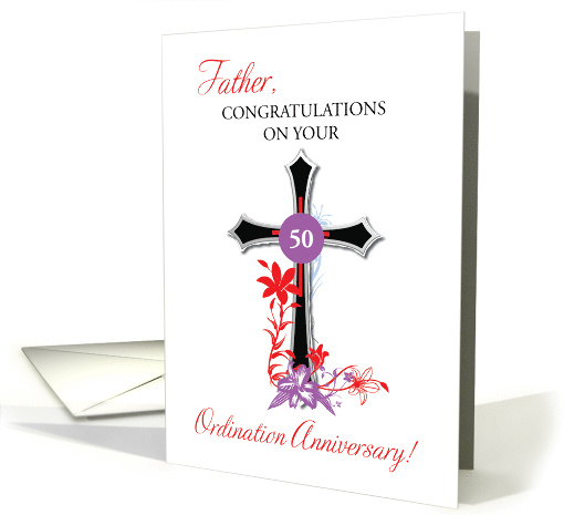 Priest 50th Ordination Anniversary Black Cross with Red Swirls card