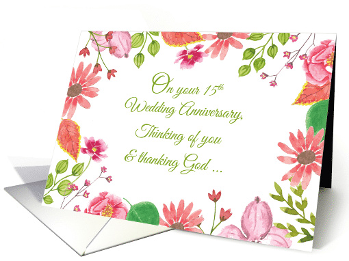 Religious 15th Wedding Anniversary Watercolor Flowers card (1570460)