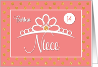 Niece 14th Birthday with Crown and Gold Look Dots on Peach card