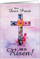Priest Easter He is Risen Cross Watercolor Flowers card