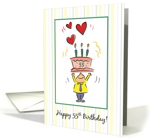 Happy 55th Guy Birthday with Cake Candles Hearts and Little Man card