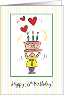 Happy 55th Guy Birthday with Cake Candles Hearts and Little Man card