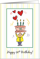 90th Birthday for Man Raising a Cake with Candles and Hearts card