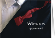 Will You Be My Groomsman Invitation with Red Tie and Tuxedo Wedding card