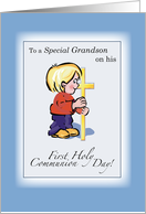 GRANDSON First Communion Congratulations with Little Boy and Cross card