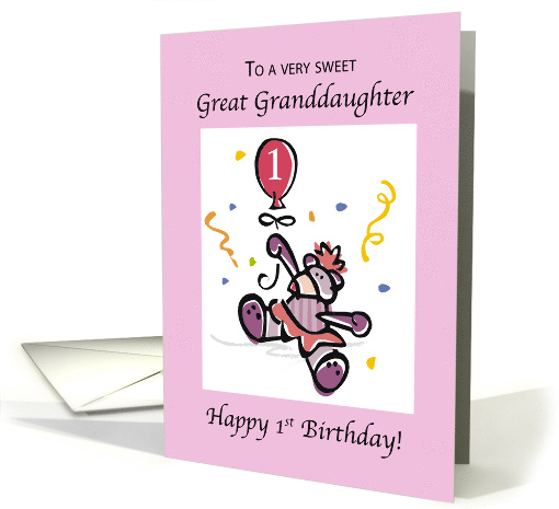Great Granddaughter 1st Birthday with Teddy Bear and Pink Balloon card