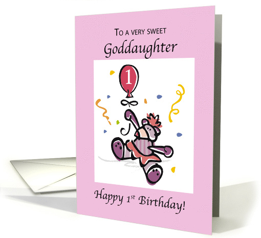 Goddaughter 1st Birthday with Teddy Bear Holding Pink Balloon card