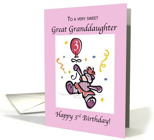 Great Granddaughter 3rd Birthday with Teddy Bear and Pink Balloon card