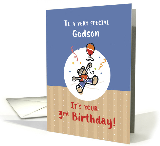 Godson 3rd Birthday with Teddy Bear and Balloon card (372599)