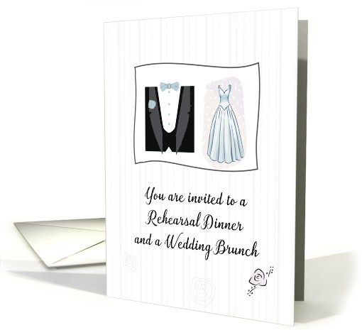 Rehearsal Dinner and Wedding Brunch Invitation with Dress and Tux card