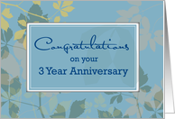 3 Year Employee Anniversary with Leaves on Blue Congratulations card