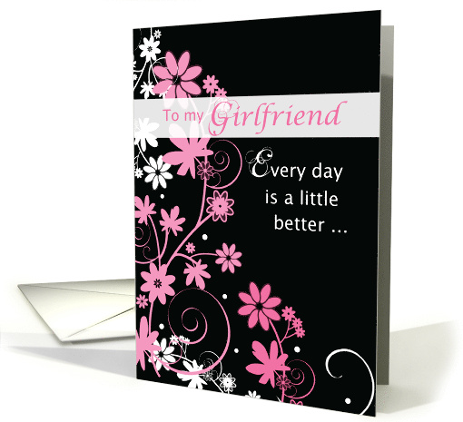 Girlfriend Birthday with Pink Flowers on Black card (916175)