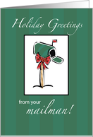 From Mailman Holiday Greetings Green Mailbox and Red Bow card