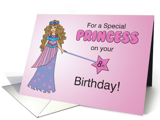 8th Birthday Pink and Purple Princess with Sparkly Look and Wand card