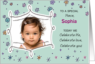 Niece Gotcha Day Photo Custom Card Green with Flowers and Dots card