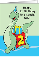 2nd Birthday to Special Guy Dinosaur with Hat and Present Boy card
