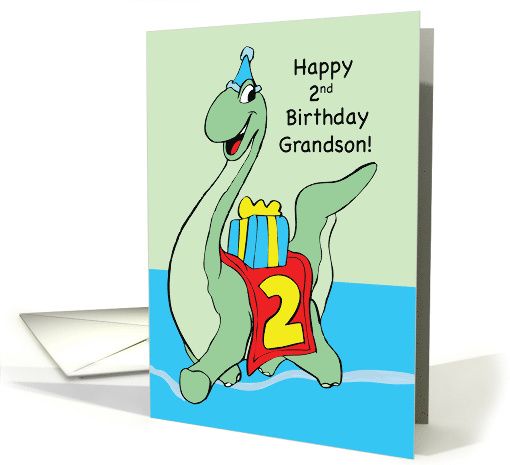 2nd Birthday to GRANDSON Dinosaur with Hat and Present Boy card