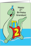 2nd Birthday to GRANDSON Dinosaur with Hat and Present Boy card