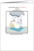 3rd Day of Christmas+French hens, drenched, Rain, cloud burst, cartoon card