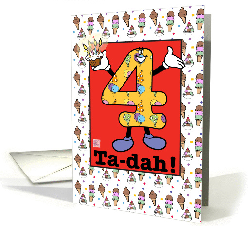 Happy Fourth Birthday with balloons,ice cream, cupcake - Spanish card