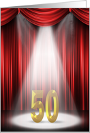 50th Birthday party invitation with stage spotlight and red curtains card