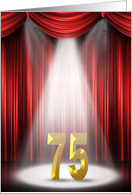 75th Birthday party invitation with spotlight and red curtains card