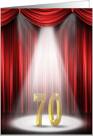 70th Birthday party invitation with spotlight and red curtains card