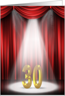 30th Birthday party invitation with spotlight and red curtains card