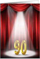 90th Birthday in stage spotlight and red curtain backdrop card