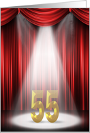 55th Birthday party invitation with spotlight on stage with curtains card