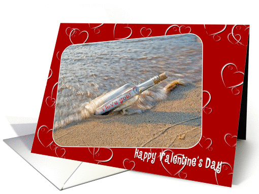 Valentine I Love You message in a bottle on heart background card
