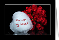 Valentine’s Day melting ice heart with red rose bouquet card