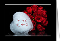 Anniversary on Valentine’s Day melting ice heart with rose bouquet card