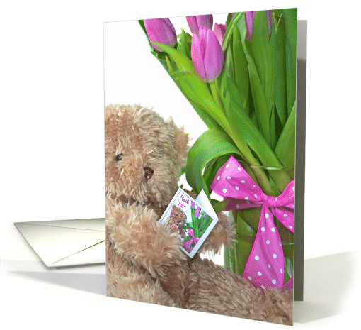 Thank You, Teddy Bear with Pink Tulip Bouquet and Bow card (1040639)