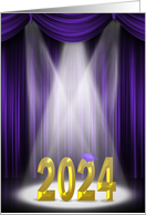 2024 High School Graduation Gold Text in Spotlight and Purple Curtains card