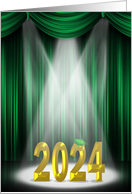 2024 Graduation with Green Curtains and Gold Text in Stage Spotlight card