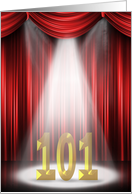 101st Birthday Party invitation spotlight on stage with red curtains card
