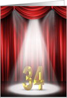 34th Birthday in the spotlight with red curtains card