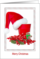 Merry Christmas Santa hat on red party cup with gingerbread man card