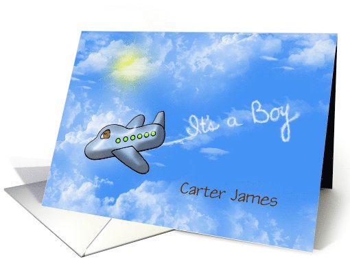 Baby Boy birth announcement-teddy bear in an airplane with smoke card