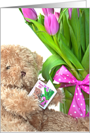 98th Birthday, teddy bear with tulip bouquet and polka dot bow card