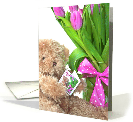 81st Birthday teddy bear with tulip bouquet and polka dot bow card