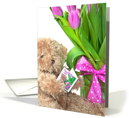 103rd Birthday - teddy bear with tulip bouquet and polka dot bow card
