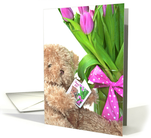 65th Birthday teddy bear with tulip bouquet and polka dot bow card