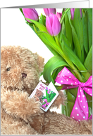 65th Birthday teddy bear with tulip bouquet and polka dot bow card