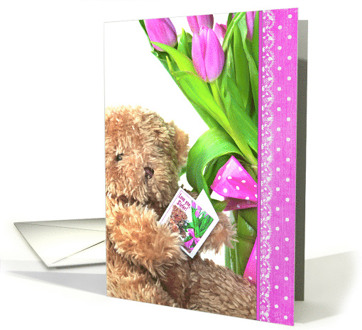 Mother's Day for sister, teddy bear with pink tulip bouquet card