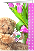 Mother’s Day for Nana, brown teddy bear with pink tulip bouquet card