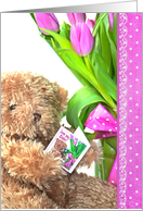 Birthday for Sister teddy bear with pink tulip bouquet card